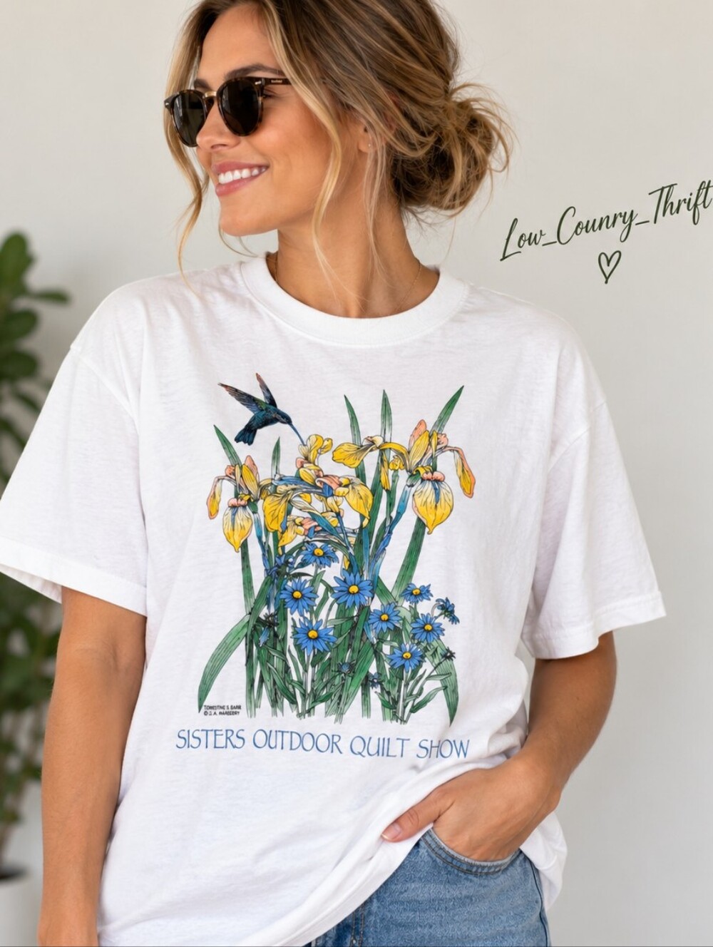 Vintage Jerzees Large Sisters Outdoor Quilt Show Floral Hummingbird Tee